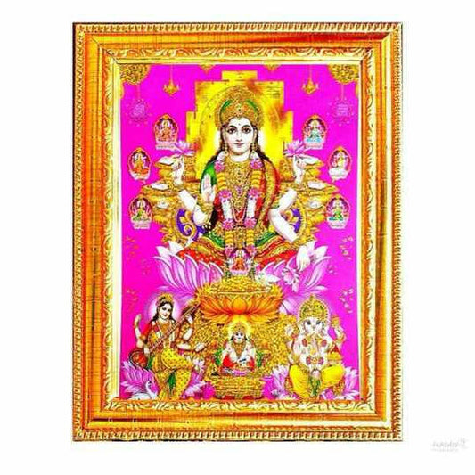laxmi ji with aasht laxmi and ganesh and saraswati ji | God goddess Religious Framed Painting for Wall and Pooja/Hindu Bhagwan Devi Devta