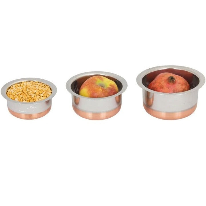 Fashtales Handicrafts Utensils Set for Kitchen | Set of 3 (350 ml, 600 ml & 830 ml) | Copper Bottom Utensils for Cooking | Steel Tope Set for Daily Use | Multipurpose Kitchen Containers